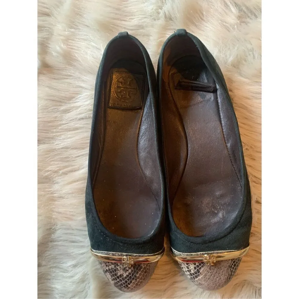 Tory Burch Pacey Driver Green Suede Snakeskin Cap Toe Ballet Flats Size 6.5 M